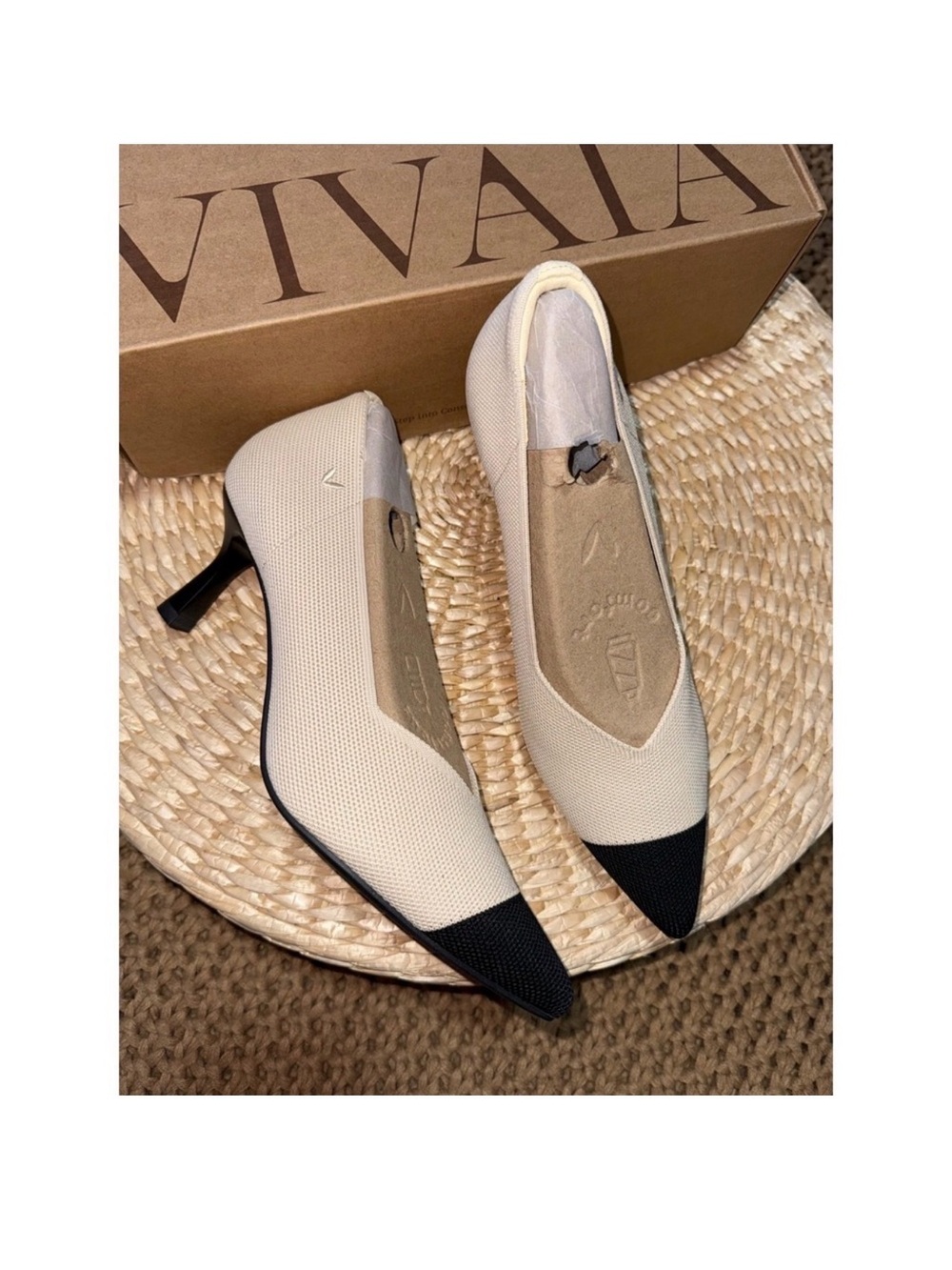 VIVAIA Womens Pointed Toe Knit Pumps Classic Cap Toe Beige Black
EU/39.5 US/8.5